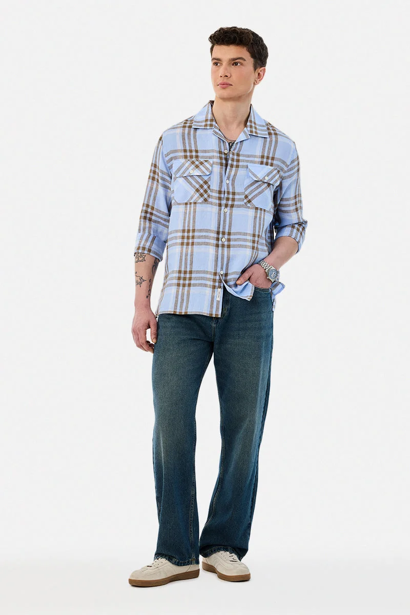 سنيتش 100% Linen Double Pocket Plaid Shirt